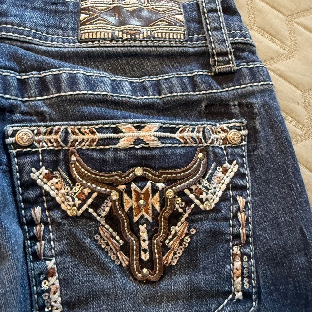 Embroidered Denim Jeans with Bull Design